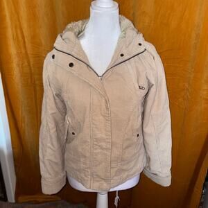 Topshop MOTO Tan Corduroy Hooded Winter Jacket Fur Lined Coat Size 10